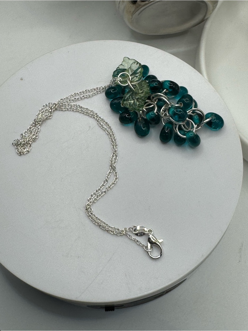 Czech Glass Teardrop & Lucite Leaves "Grapes" Cluster on  Sterling Silver Chain
